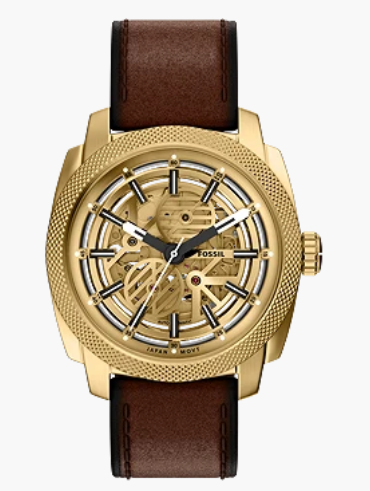 Fossil Machine Gold Skeleton Dial Brown Leather Automatic Men's Watch (Model: ME3278)