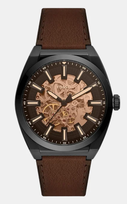 Fossil Everett Brown Skeleton Dial Brown Leather Automatic Men's Watch (Model: ME3207)