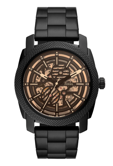 Fossil Machine Rose Gold Skeleton Dial Black Stainless Steel Automatic Men's Watch (Model: ME3253)