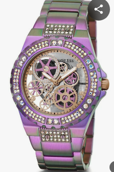 Guess Reveal Iridescent Purple Skeleton Dial Women's Watch (Model: GW0302L3)