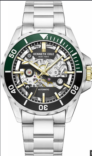 Kenneth Cole New York Automatic Skeleton Silver Dial Green Bezel Men's Watch (Model: KCWGE2235903)