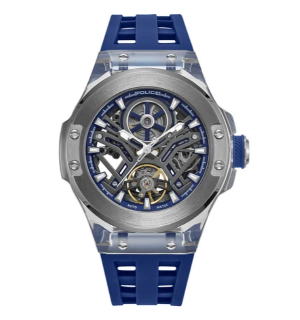 Police Cyclone Blue Skeleton Dial Silicon Automatic Watch (Model: PEWGR0082204)