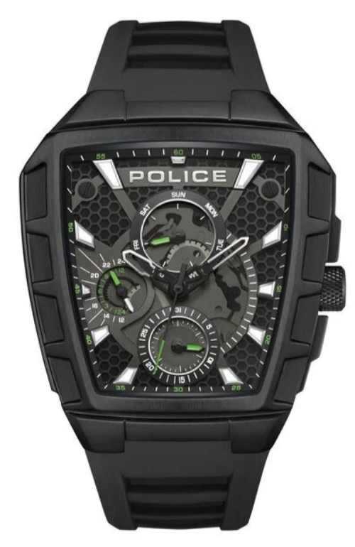 Police Tough Gear Black Dial Green Accent Men's Watch (Model: PEWGQ0056801)