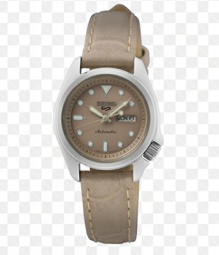 Seiko 5 Sports Mid-Size Beige Dial Leather Strap Watch (Model: SRE005K1)