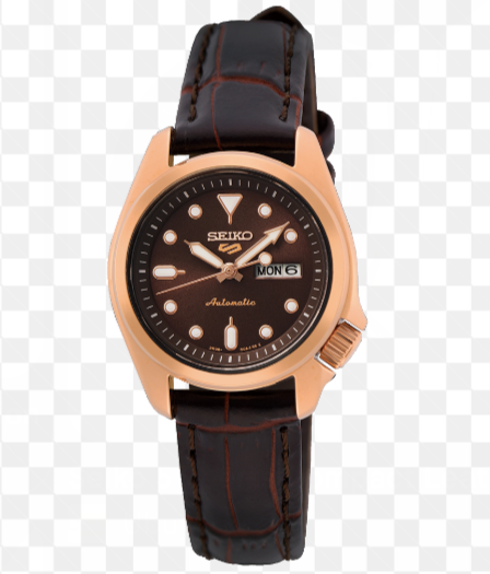 Seiko 5 Sports Mid-Size Brown Dial Rose Gold Leather Watch (Model: SRE006K1)