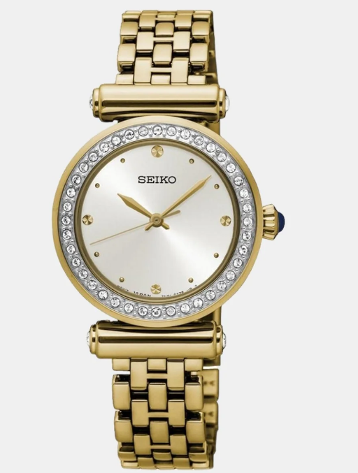 Seiko Elegant Crystal Accent Gold Stainless Steel Women's Watch (Model: SRZ468P1)