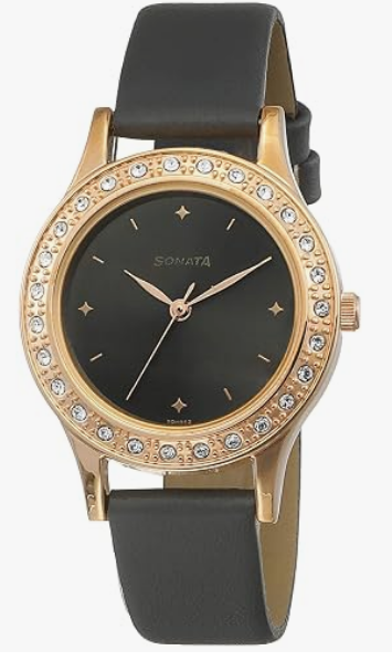 Sonata Quartz Analog Black Dial Stone-Studded Leather Strap Women's Watch (Model: SP8123WL01)