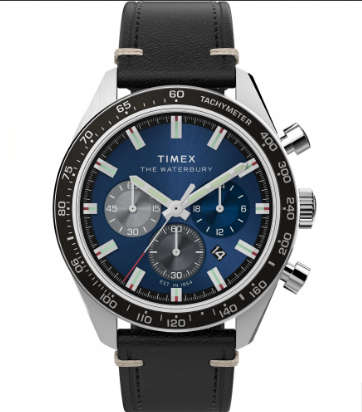 Timex Waterbury Chronograph Blue Dial Black Leather Men's Watch (Model: TW2V42500)