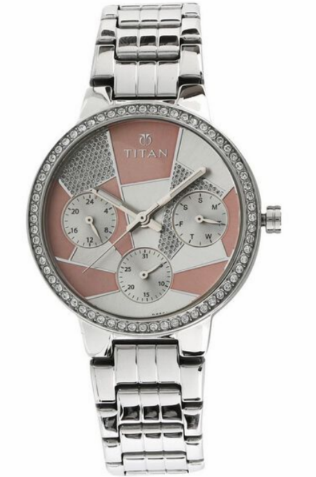 Titan Workwear Multi-Function Silver & Blush Pink Dial Stainless Steel Women's Watch (Model: NN2579WM01)