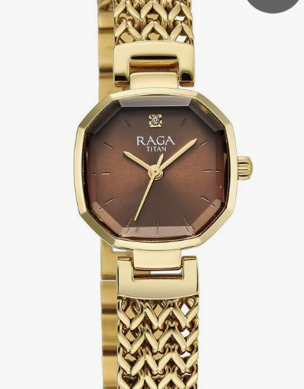 Titan Raga Facets Octagonal Brown Dial Gold Stainless Steel Women's Watch (Model: NL95118YM01)