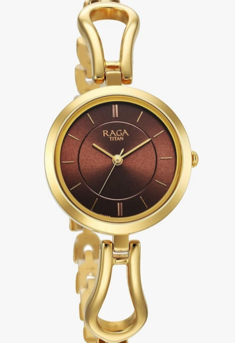 Titan Raga Viva Quartz Analog Brown Dial Gold Metal Strap Women's Watch (Model: NL2608YM02)