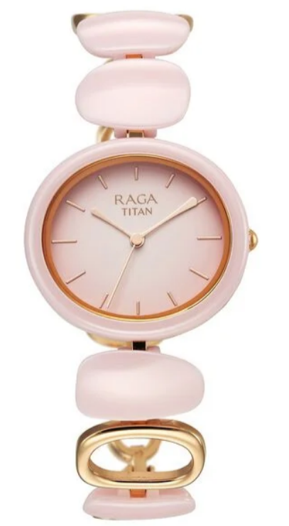 Titan Raga Ceramics Quartz Analog Pink Dial Ceramic Link Strap Women's Watch (Model: NL95124WD01)