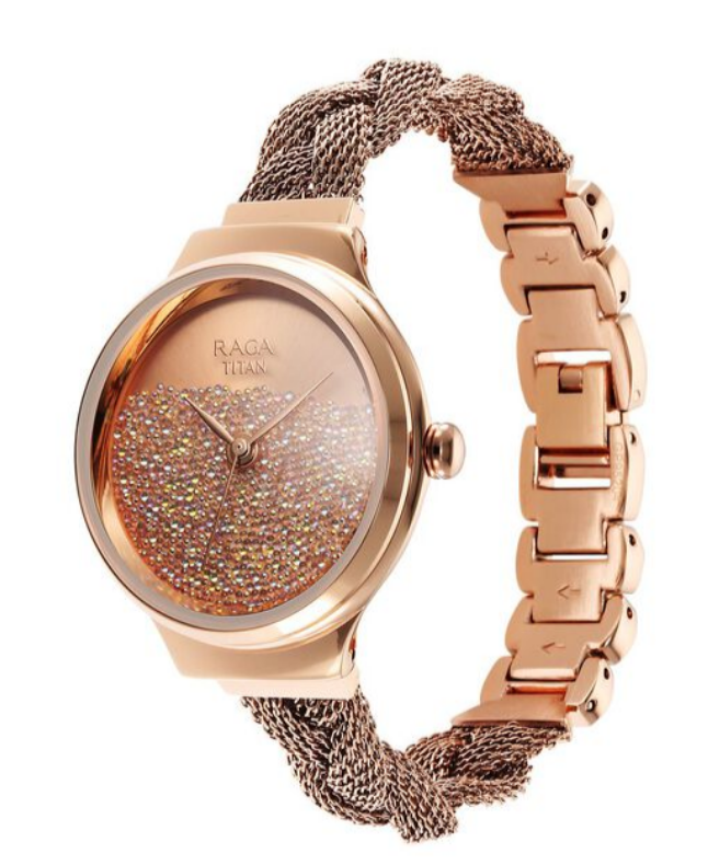 Titan Raga Delight Rose Gold Dial Moving Crystals Mesh Strap Women's Watch (Model: NL95155KM01)