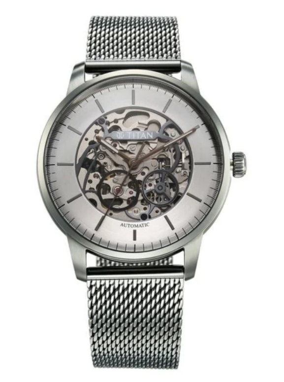 Titan Automatic Skeleton Silver Dial Mesh Strap Men's Watch (Model: NR1695SM02)