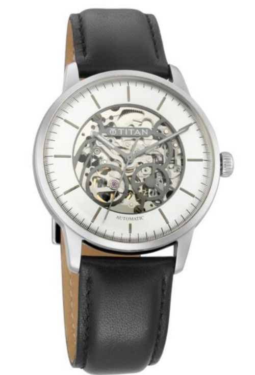 Titan Mechanical Skeleton Silver Dial Black Leather Men's Watch (Model: NQ90110SL01)